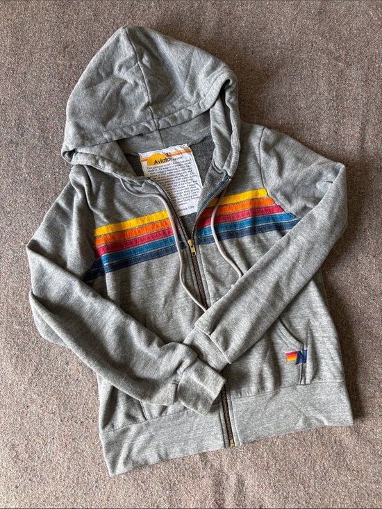 Aviator Nation Tops - Aviator Nation Grey Zip-Up Hoodie with Yellow, Orange, Red and Blue Stripes (XS)